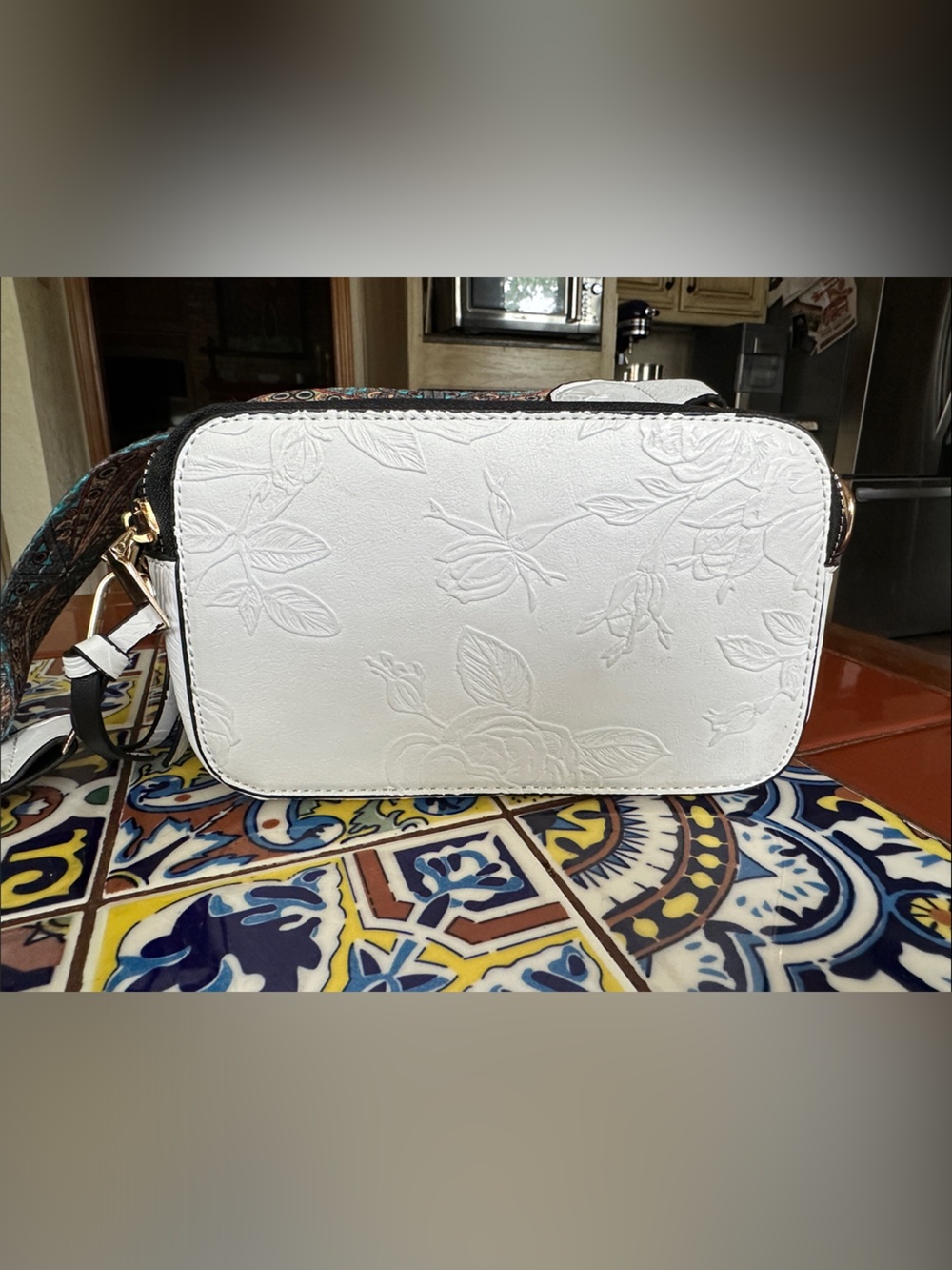 Women's White Embossed Floral Crossbody Bag